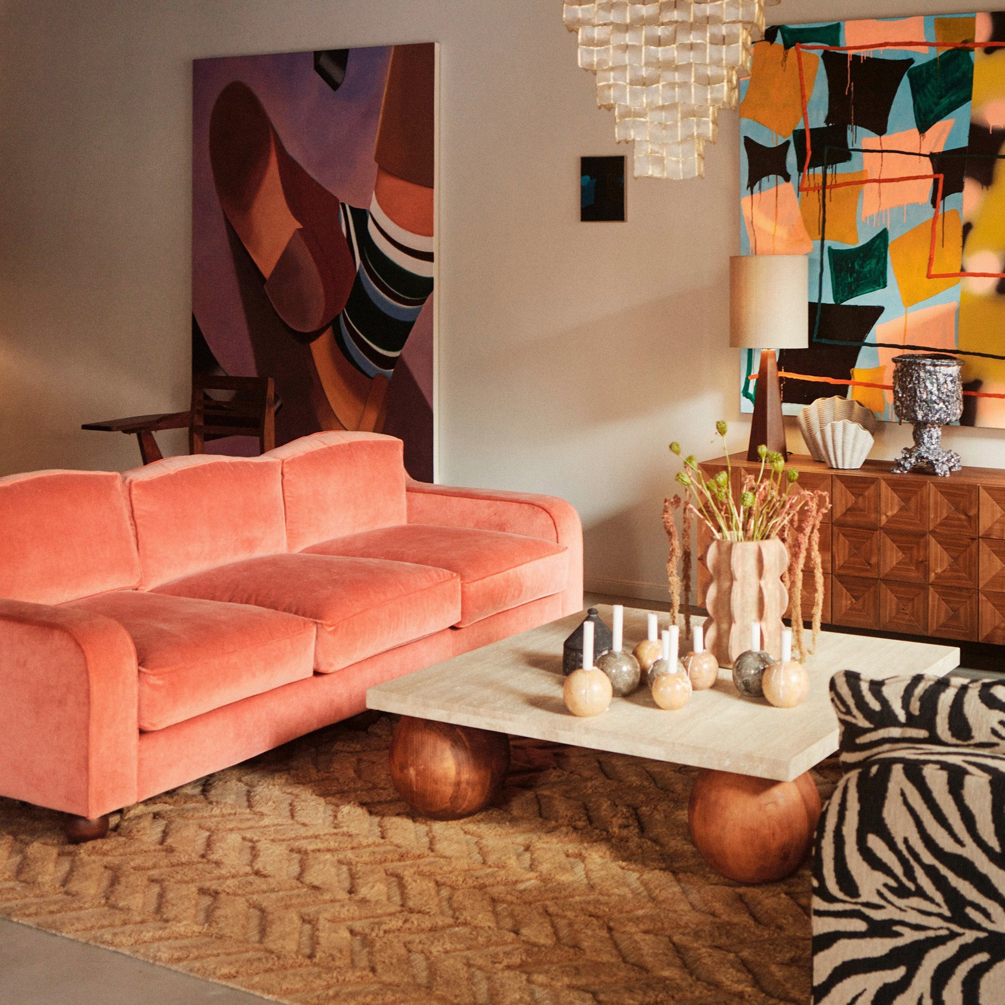 Sphere Square Sofa Table Travertine Bianco